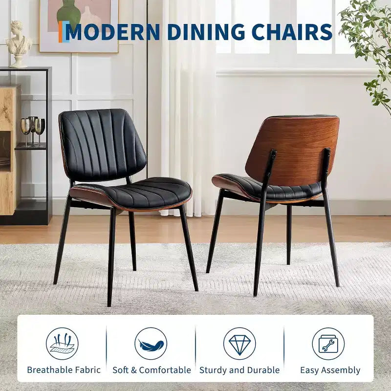 Chaises de salle à manger modernes du milieu du siècle, lot de 2, avec revêtement en cuir PU, dossier en bois courbé de noyer et pieds réglables