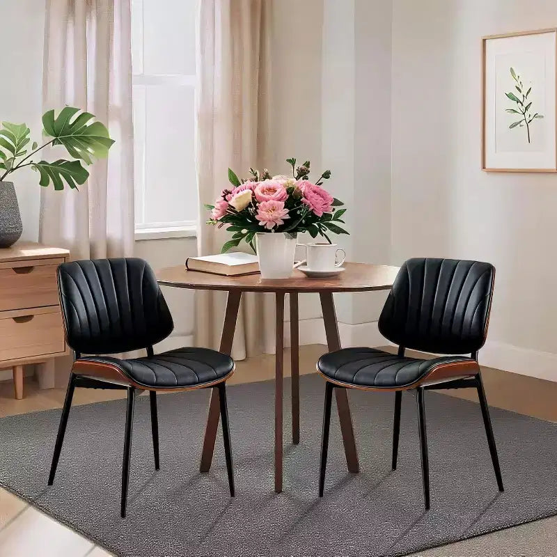 Chaises de salle à manger modernes du milieu du siècle, lot de 2, avec revêtement en cuir PU, dossier en bois courbé de noyer et pieds réglables