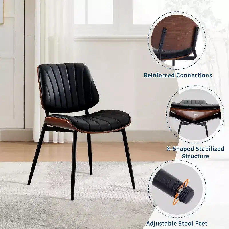 Chaises de salle à manger modernes du milieu du siècle, lot de 2, avec revêtement en cuir PU, dossier en bois courbé de noyer et pieds réglables
