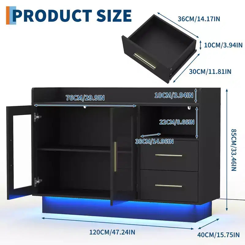 Meuble Bar à Vin LED Haut de Gamme avec Portes Vitrées et Tiroirs de Rangement - Mobilier de Bar Polyvalent pour Cuisine, Salle à Manger, Bureau, Salle de Jeux