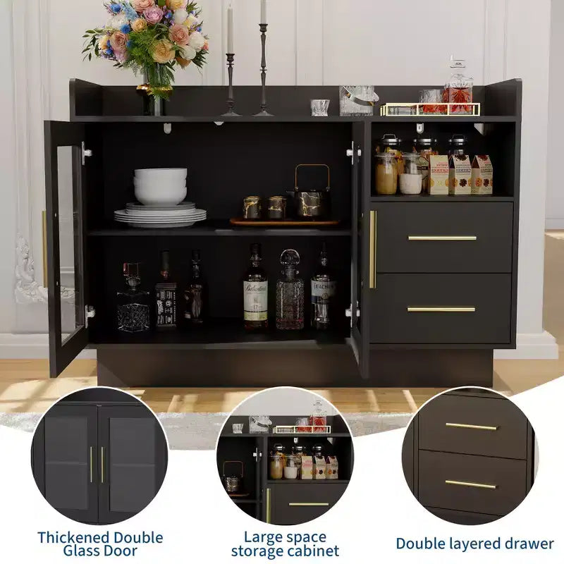 Meuble Bar à Vin LED Haut de Gamme avec Portes Vitrées et Tiroirs de Rangement - Mobilier de Bar Polyvalent pour Cuisine, Salle à Manger, Bureau, Salle de Jeux