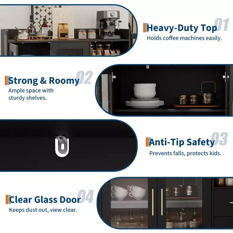 Meuble Bar à Vin LED Haut de Gamme avec Portes Vitrées et Tiroirs de Rangement - Mobilier de Bar Polyvalent pour Cuisine, Salle à Manger, Bureau, Salle de Jeux