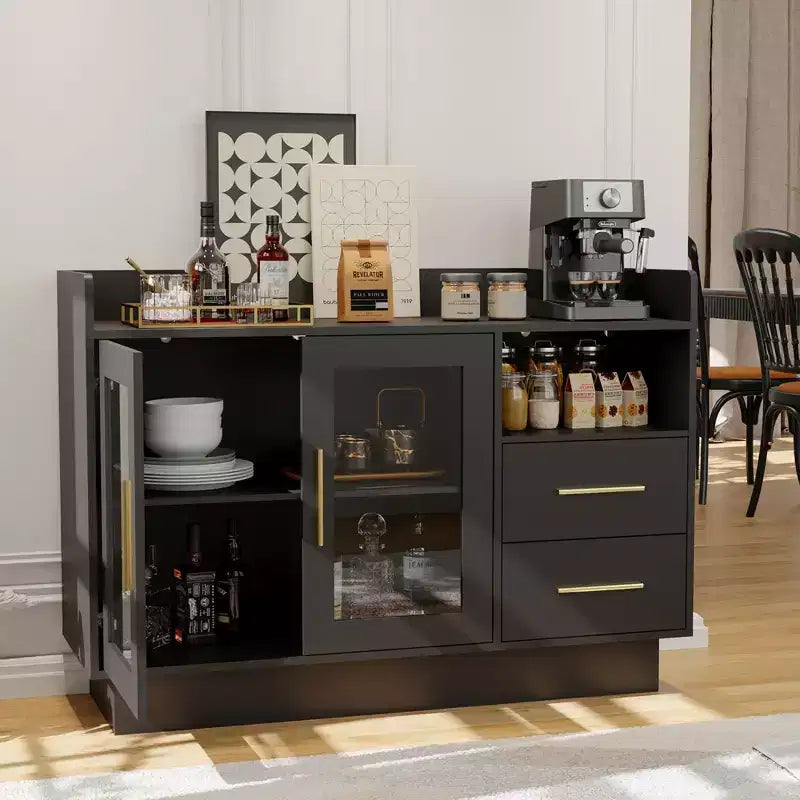 Meuble Bar à Vin LED Haut de Gamme avec Portes Vitrées et Tiroirs de Rangement - Mobilier de Bar Polyvalent pour Cuisine, Salle à Manger, Bureau, Salle de Jeux