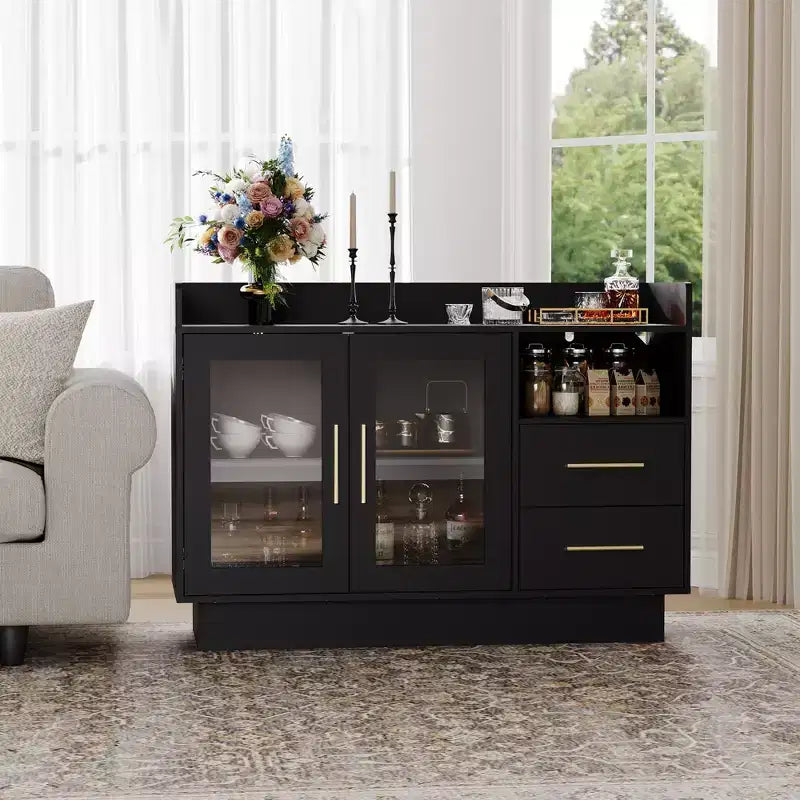 Meuble Bar à Vin LED Haut de Gamme avec Portes Vitrées et Tiroirs de Rangement - Mobilier de Bar Polyvalent pour Cuisine, Salle à Manger, Bureau, Salle de Jeux