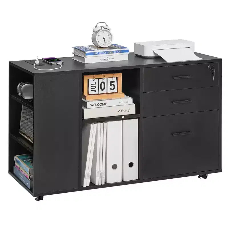 3-Drawer Mobile File Cabinet with Power Strip Lockable Rolling Storage with Shelves Black