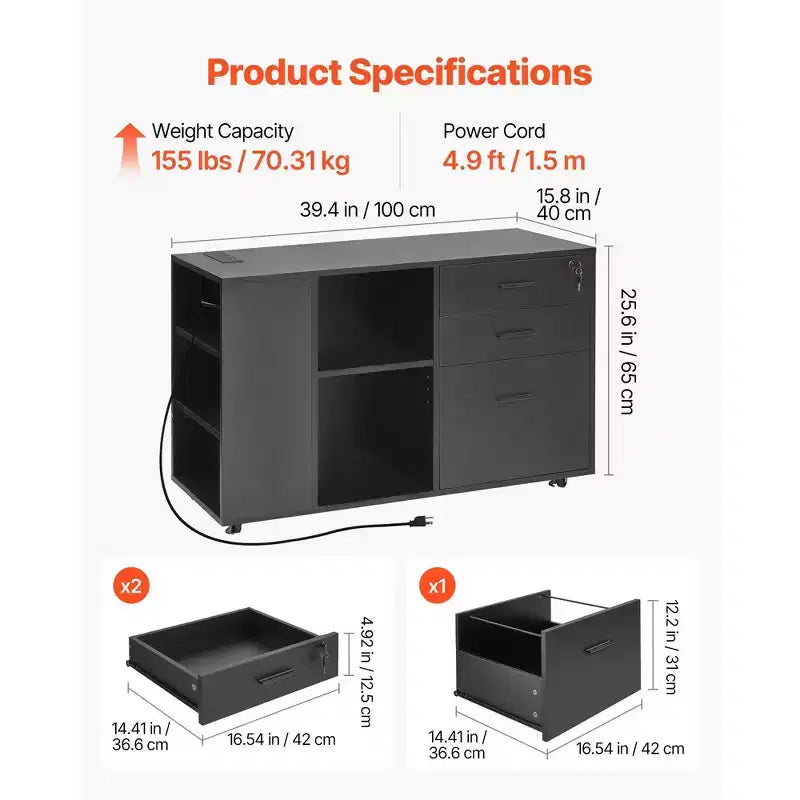 Classeur mobile à 3 tiroirs avec multiprise Rangement roulant verrouillable avec étagères Noir