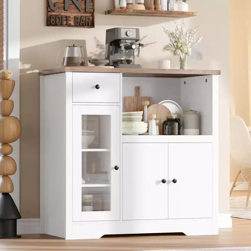 Coolmee Meuble de Cuisine Micro-ondes avec Rangement et Tiroirs, Buffet Moderne Compact avec Portes Vitrées et Étagère Réglable, Buffet en Bois