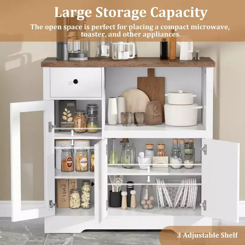 Coolmee Meuble de Cuisine Micro-ondes avec Rangement et Tiroirs, Buffet Moderne Compact avec Portes Vitrées et Étagère Réglable, Buffet en Bois