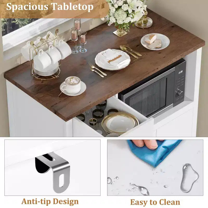 Coolmee Meuble de Cuisine Micro-ondes avec Rangement et Tiroirs, Buffet Moderne Compact avec Portes Vitrées et Étagère Réglable, Buffet en Bois