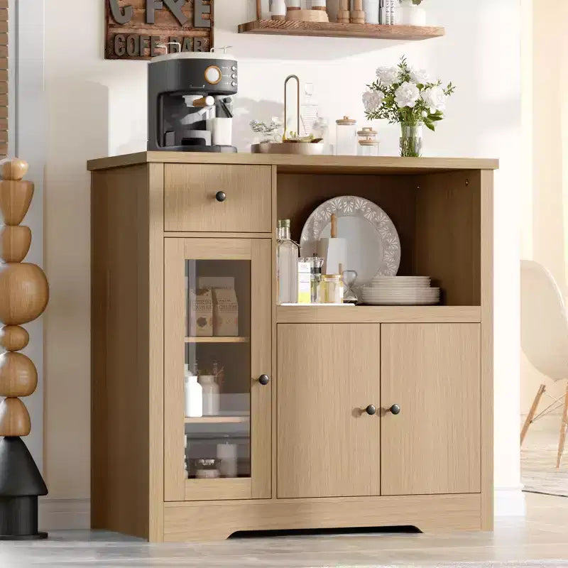 Coolmee Meuble de Cuisine Micro-ondes avec Rangement et Tiroirs, Buffet Moderne Compact avec Portes Vitrées et Étagère Réglable, Buffet en Bois