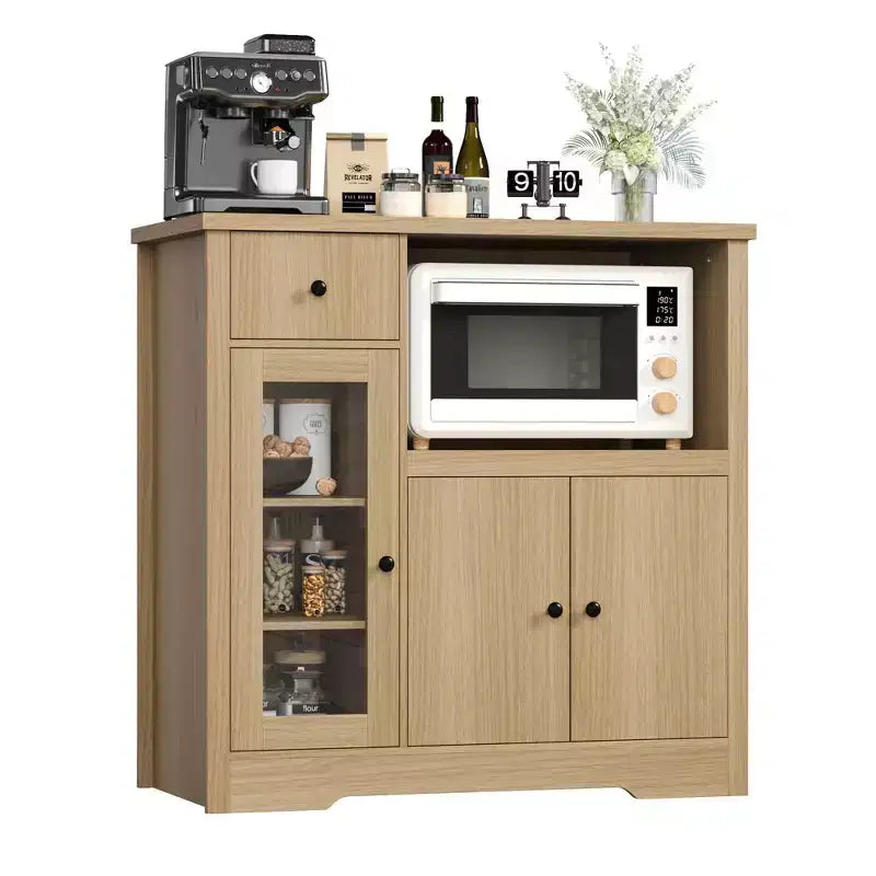 Coolmee Meuble de Cuisine Micro-ondes avec Rangement et Tiroirs, Buffet Moderne Compact avec Portes Vitrées et Étagère Réglable, Buffet en Bois