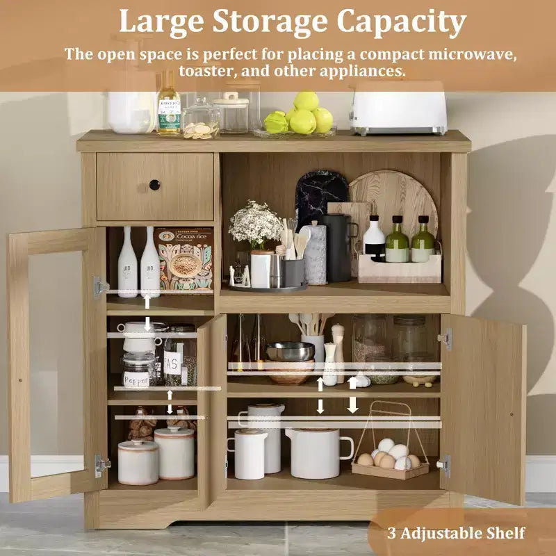 Coolmee Meuble de Cuisine Micro-ondes avec Rangement et Tiroirs, Buffet Moderne Compact avec Portes Vitrées et Étagère Réglable, Buffet en Bois