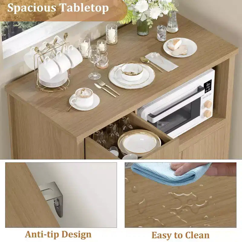 Coolmee Meuble de Cuisine Micro-ondes avec Rangement et Tiroirs, Buffet Moderne Compact avec Portes Vitrées et Étagère Réglable, Buffet en Bois