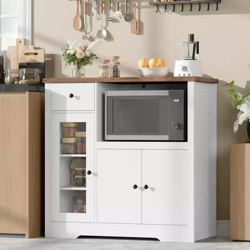 Coolmee Meuble de Cuisine Micro-ondes avec Rangement et Tiroirs, Buffet Moderne Compact avec Portes Vitrées et Étagère Réglable, Buffet en Bois