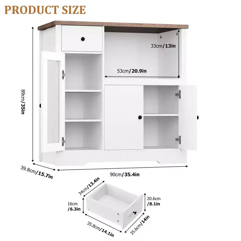 Coolmee Meuble de Cuisine Micro-ondes avec Rangement et Tiroirs, Buffet Moderne Compact avec Portes Vitrées et Étagère Réglable, Buffet en Bois