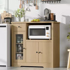 Coolmee Kitchen Microwave Cabinet with Storage and Drawers, Modern Small Buffet Cabinet with Glass Doors and Adjustable Shelf, Wooden Sideboard