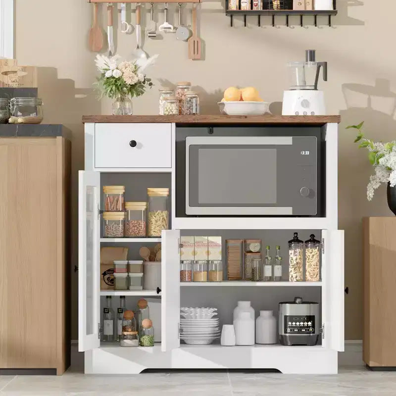 Coolmee Meuble de Cuisine Micro-ondes avec Rangement et Tiroirs, Buffet Moderne Compact avec Portes Vitrées et Étagère Réglable, Buffet en Bois