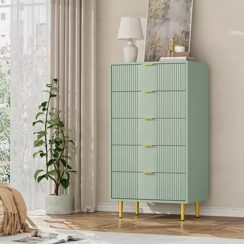 Commode cannelée pour chambre à coucher avec 5 tiroirs, commode moderne de 112,5 cm de hauteur avec poignée en métal, organisateur de rangement de vêtements en bois