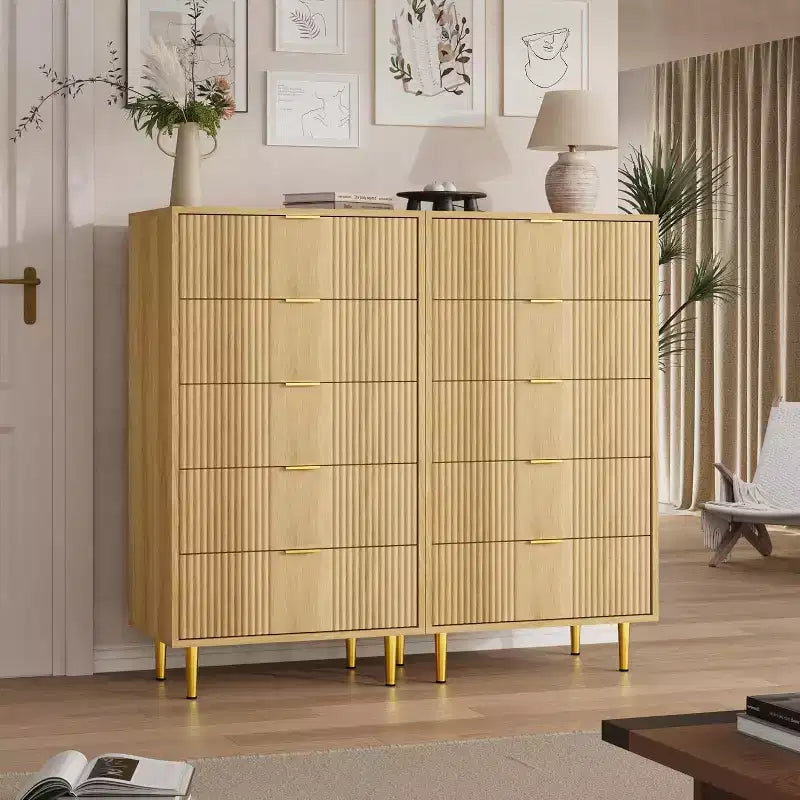 Commode cannelée pour chambre à coucher avec 5 tiroirs, commode moderne de 112,5 cm de hauteur avec poignée en métal, organisateur de rangement de vêtements en bois