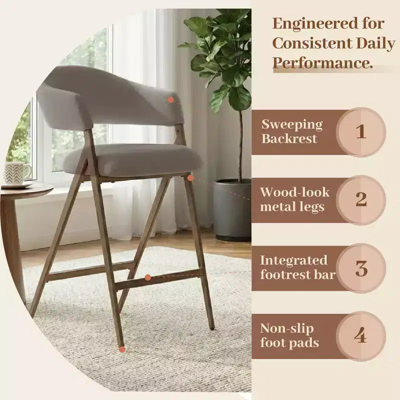 Chaise de salle à manger en tissu doux avec dossier incurvé et pieds aspect bois, chaise d'appoint de cuisine avec repose-pieds intégré