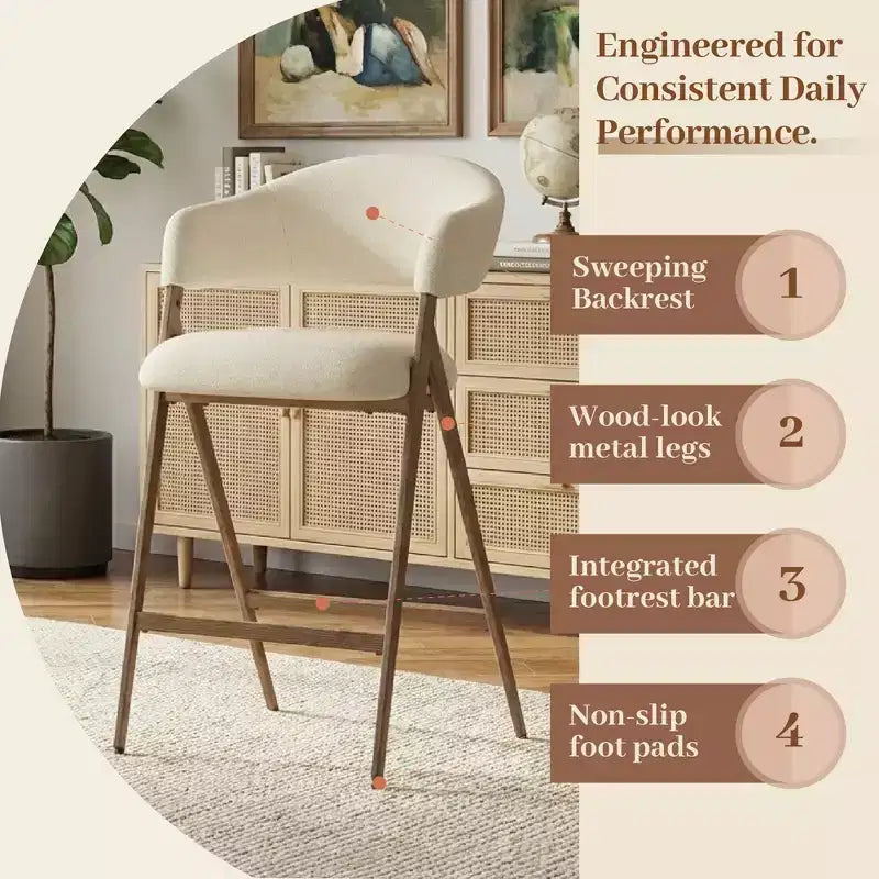Chaise de salle à manger en tissu doux avec dossier incurvé et pieds aspect bois, chaise d'appoint de cuisine avec repose-pieds intégré
