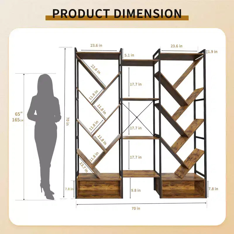 COZONY Bibliothèque triple à 6 niveaux, design d'arbre industriel avec 24 étagères ouvertes, étagère de présentation en bois et métal pour salon et bureau à domicile
