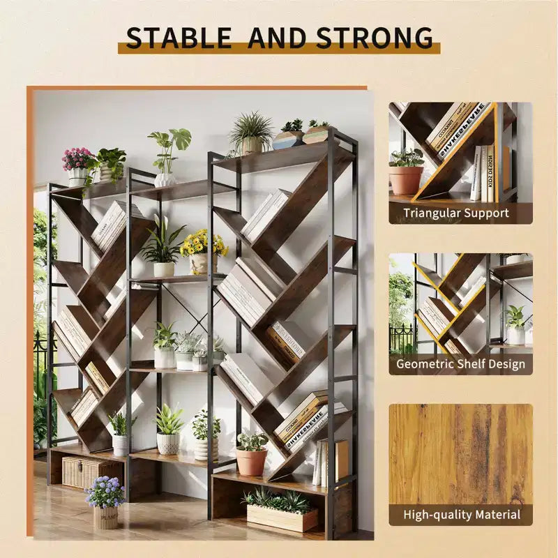 COZONY Bibliothèque triple à 6 niveaux, design d'arbre industriel avec 24 étagères ouvertes, étagère de présentation en bois et métal pour salon et bureau à domicile