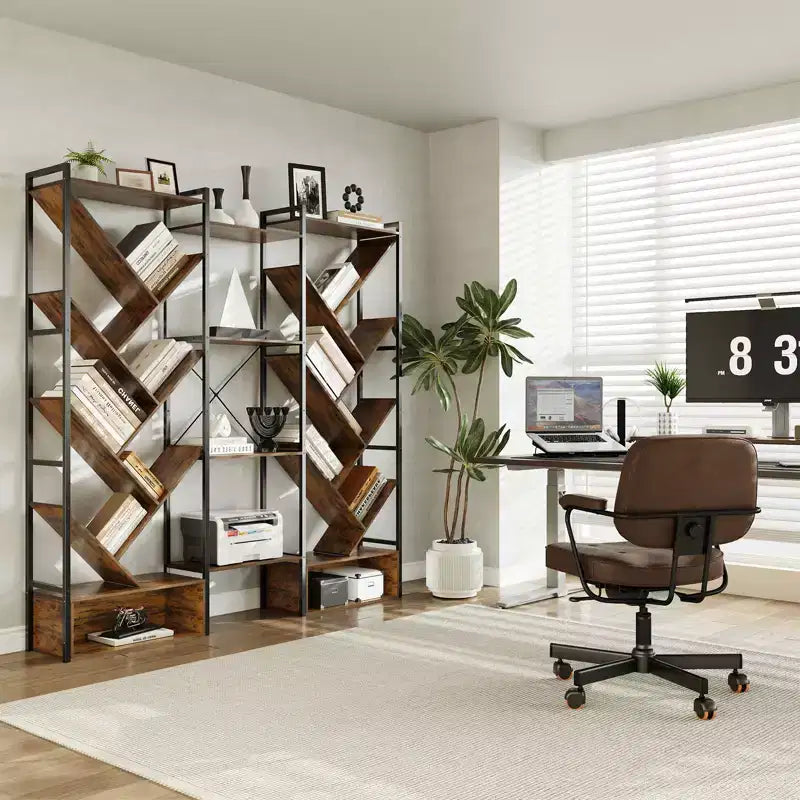 COZONY Bibliothèque triple à 6 niveaux, design d'arbre industriel avec 24 étagères ouvertes, étagère de présentation en bois et métal pour salon et bureau à domicile