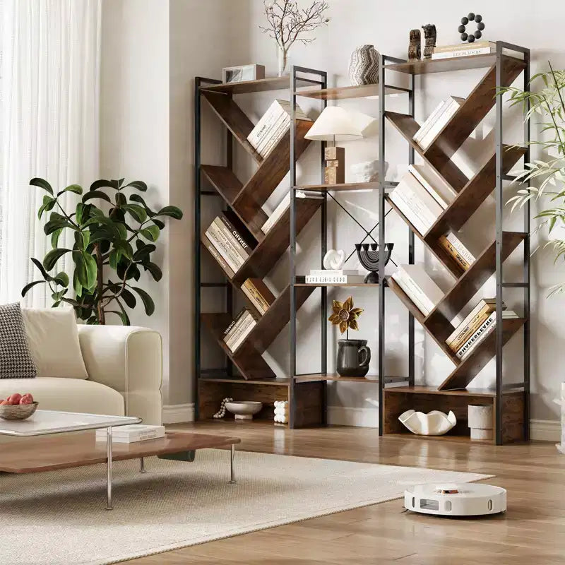 COZONY Bibliothèque triple à 6 niveaux, design d'arbre industriel avec 24 étagères ouvertes, étagère de présentation en bois et métal pour salon et bureau à domicile