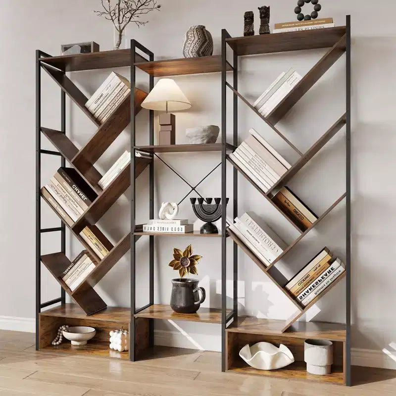 COZONY Bibliothèque triple à 6 niveaux, design d'arbre industriel avec 24 étagères ouvertes, étagère de présentation en bois et métal pour salon et bureau à domicile