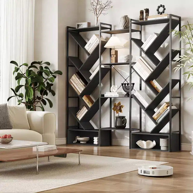 COZONY Bibliothèque triple à 6 niveaux, design d'arbre industriel avec 24 étagères ouvertes, étagère de présentation en bois et métal pour salon et bureau à domicile