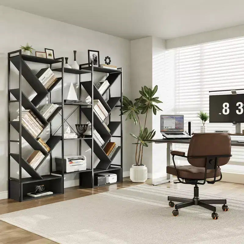 COZONY Bibliothèque triple à 6 niveaux, design d'arbre industriel avec 24 étagères ouvertes, étagère de présentation en bois et métal pour salon et bureau à domicile