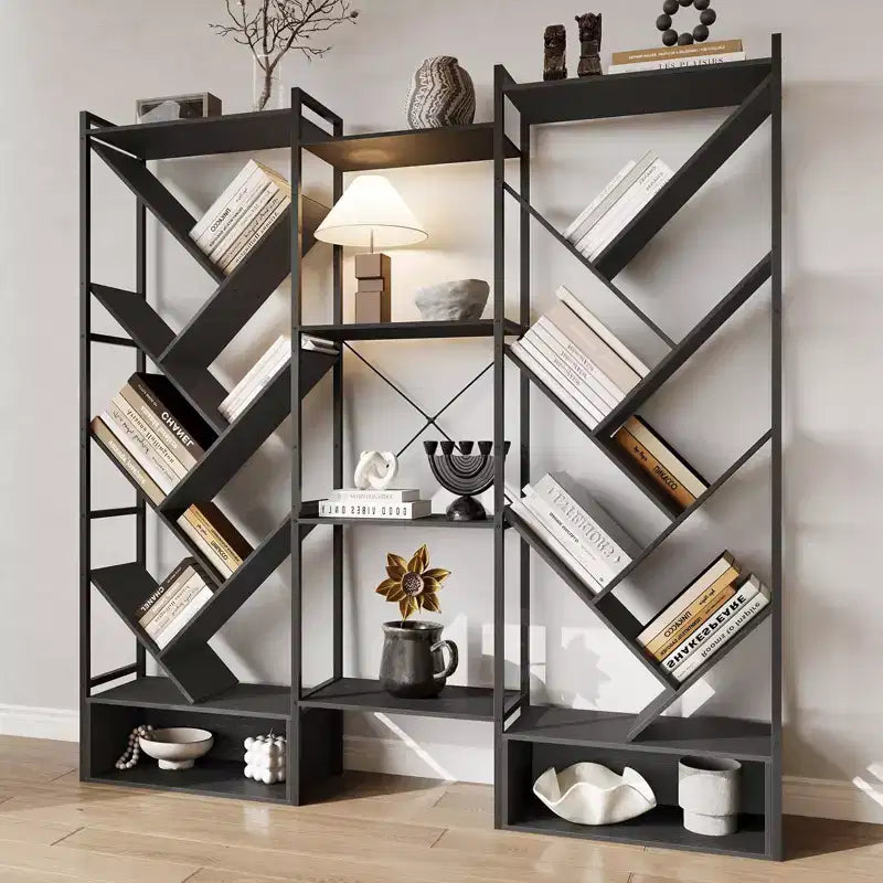 COZONY Bibliothèque triple à 6 niveaux, design d'arbre industriel avec 24 étagères ouvertes, étagère de présentation en bois et métal pour salon et bureau à domicile