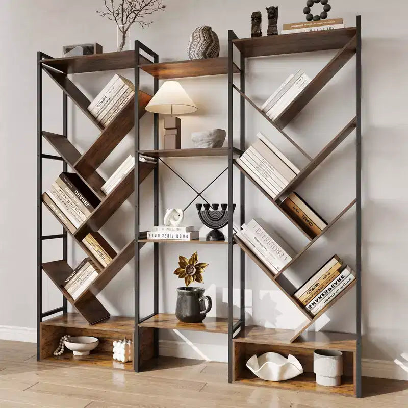COZONY Bibliothèque triple à 6 niveaux, design d'arbre industriel avec 24 étagères ouvertes, étagère de présentation en bois et métal pour salon et bureau à domicile