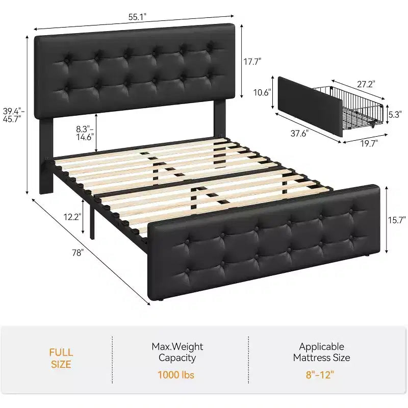 Lit de rangement grand lit/très grand lit avec 4 tiroirs et tête de lit réglable - Lit plateforme rembourré en lin/PU/velours