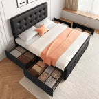 Lit de rangement grand lit/très grand lit avec 4 tiroirs et tête de lit réglable - Lit plateforme rembourré en lin/PU/velours