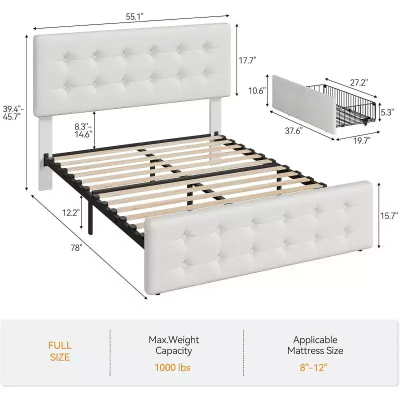 Lit de rangement grand lit/très grand lit avec 4 tiroirs et tête de lit réglable - Lit plateforme rembourré en lin/PU/velours