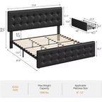 Lit de rangement grand lit/très grand lit avec 4 tiroirs et tête de lit réglable - Lit plateforme rembourré en lin/PU/velours