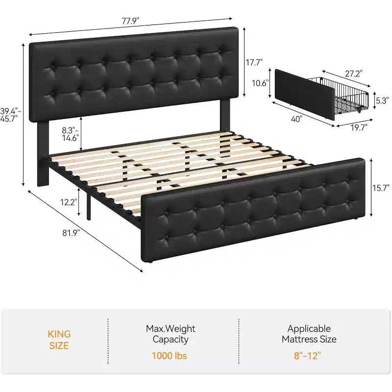 Lit de rangement grand lit/très grand lit avec 4 tiroirs et tête de lit réglable - Lit plateforme rembourré en lin/PU/velours