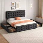 Lit de rangement grand lit/très grand lit avec 4 tiroirs et tête de lit réglable - Lit plateforme rembourré en lin/PU/velours