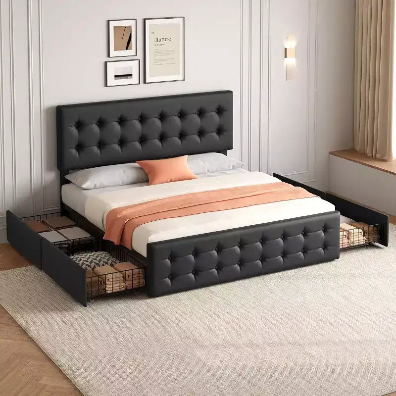 Lit de rangement grand lit/très grand lit avec 4 tiroirs et tête de lit réglable - Lit plateforme rembourré en lin/PU/velours