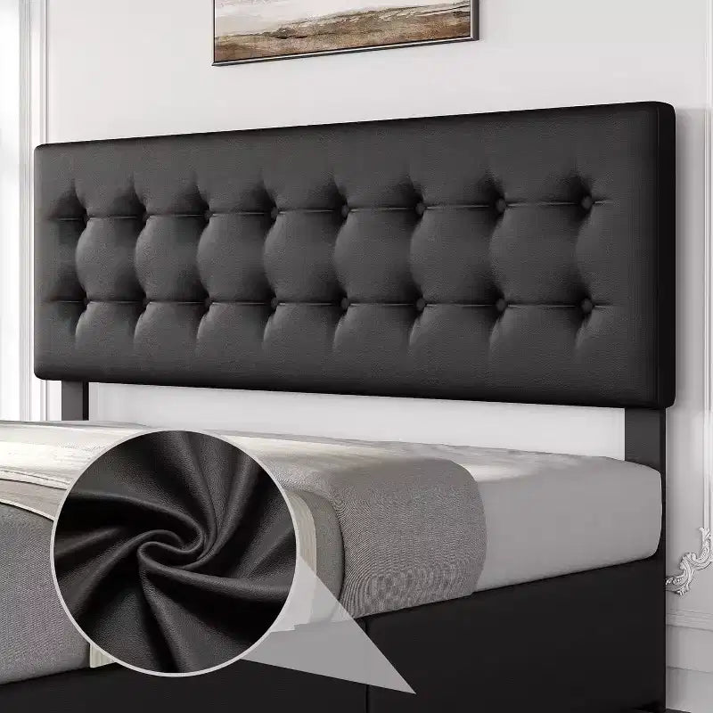 Lit de rangement grand lit/très grand lit avec 4 tiroirs et tête de lit réglable - Lit plateforme rembourré en lin/PU/velours