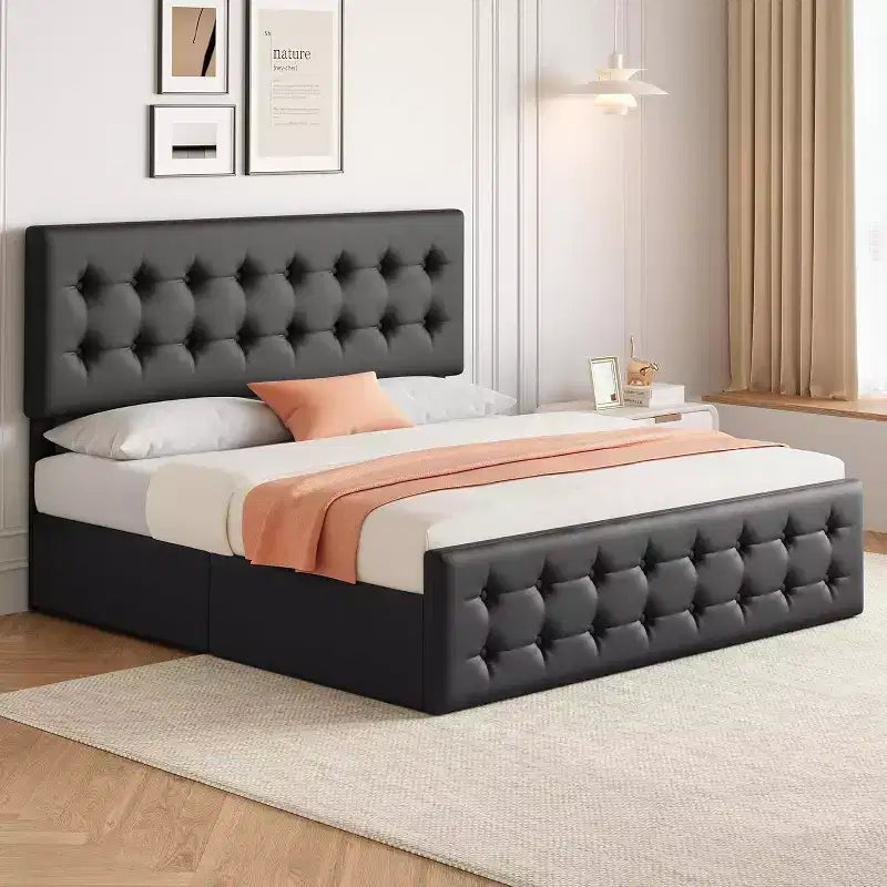 Lit de rangement grand lit/très grand lit avec 4 tiroirs et tête de lit réglable - Lit plateforme rembourré en lin/PU/velours