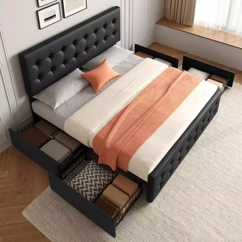 Lit de rangement grand lit/très grand lit avec 4 tiroirs et tête de lit réglable - Lit plateforme rembourré en lin/PU/velours