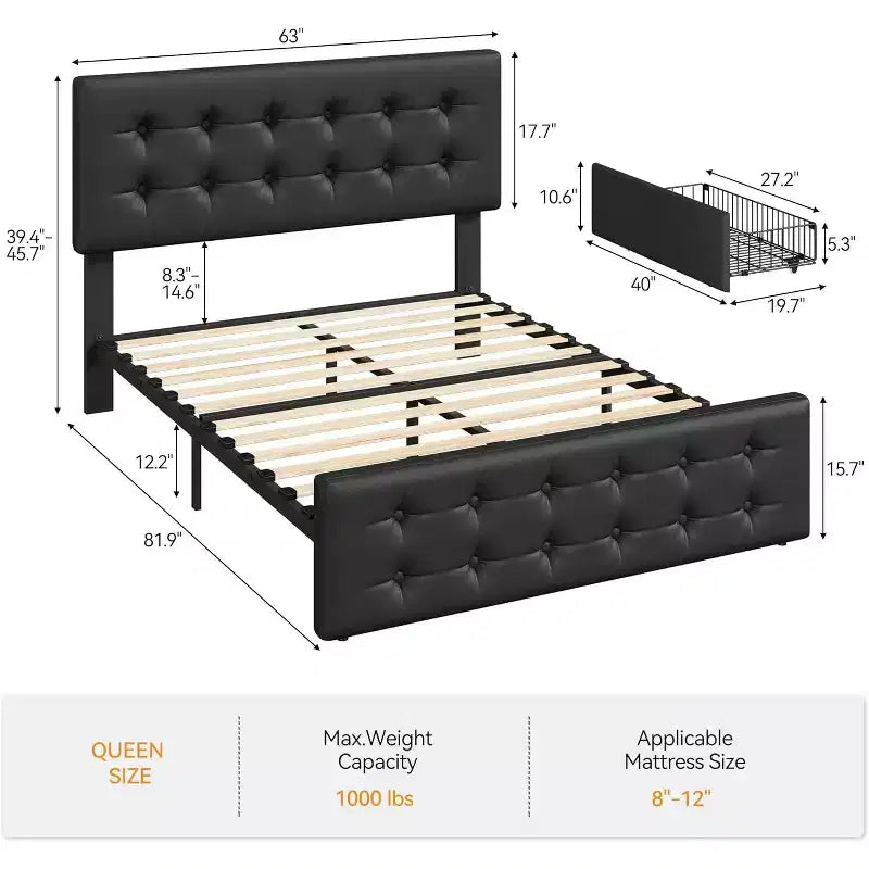 Lit de rangement grand lit/très grand lit avec 4 tiroirs et tête de lit réglable - Lit plateforme rembourré en lin/PU/velours