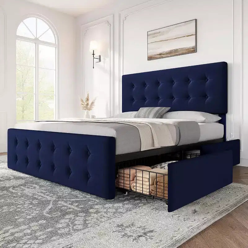 Lit de rangement grand lit/très grand lit avec 4 tiroirs et tête de lit réglable - Lit plateforme rembourré en lin/PU/velours
