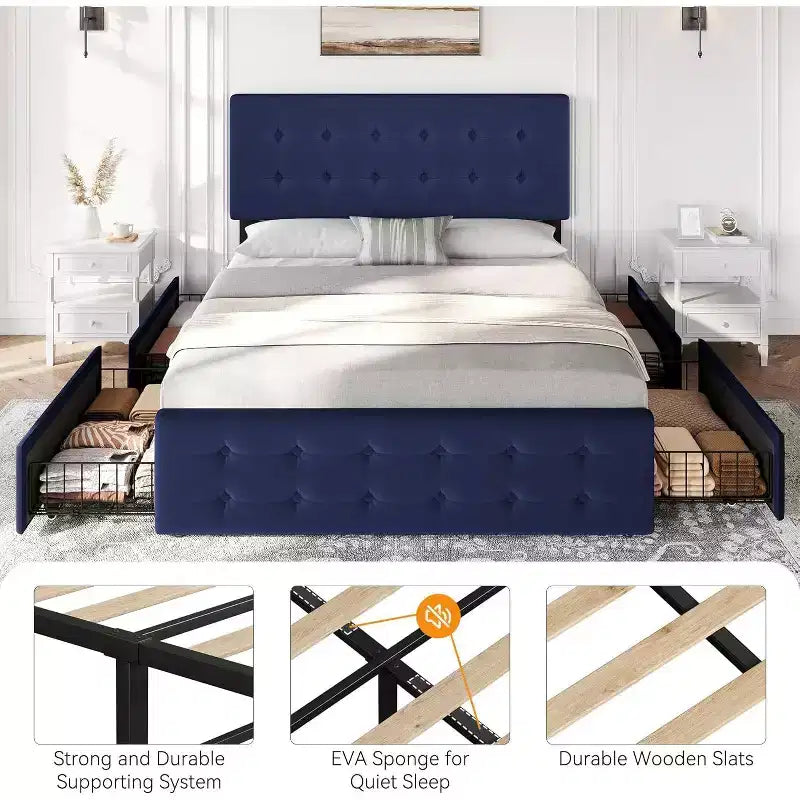 Lit de rangement grand lit/très grand lit avec 4 tiroirs et tête de lit réglable - Lit plateforme rembourré en lin/PU/velours