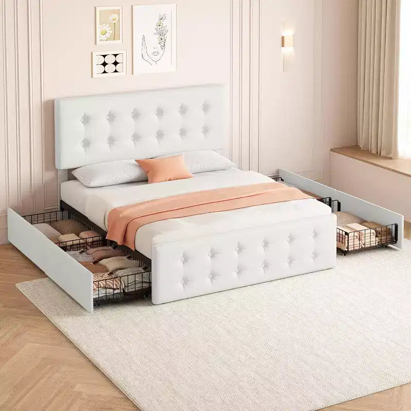 Lit de rangement grand lit/très grand lit avec 4 tiroirs et tête de lit réglable - Lit plateforme rembourré en lin/PU/velours