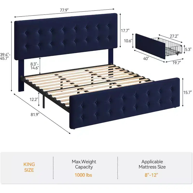 Lit de rangement grand lit/très grand lit avec 4 tiroirs et tête de lit réglable - Lit plateforme rembourré en lin/PU/velours