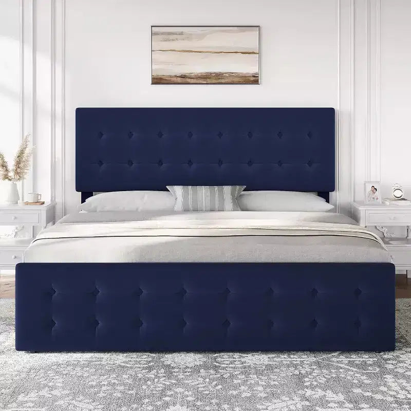 Lit de rangement grand lit/très grand lit avec 4 tiroirs et tête de lit réglable - Lit plateforme rembourré en lin/PU/velours